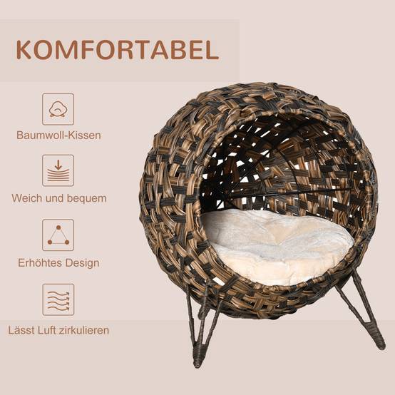 Maison chat rotin coussin couchage niche pieds surélevés brun Ø52x58 cm - Image 7