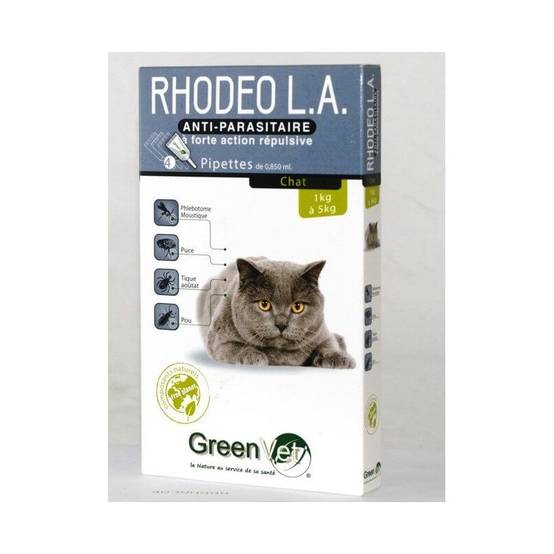 RHODEO L.A. PIPETTE ANTIPARASITAIRE CHAT 1 à 5 kg - GREENVET 4 pipettes