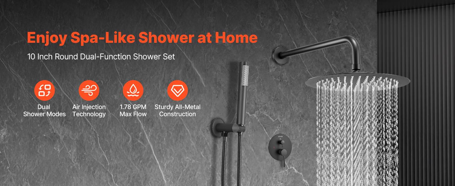 Vevor - VEVOR Kit de Douche avec Douchette de Tête Ronde 25,4 cm et à Main Noir Mat - Image 9