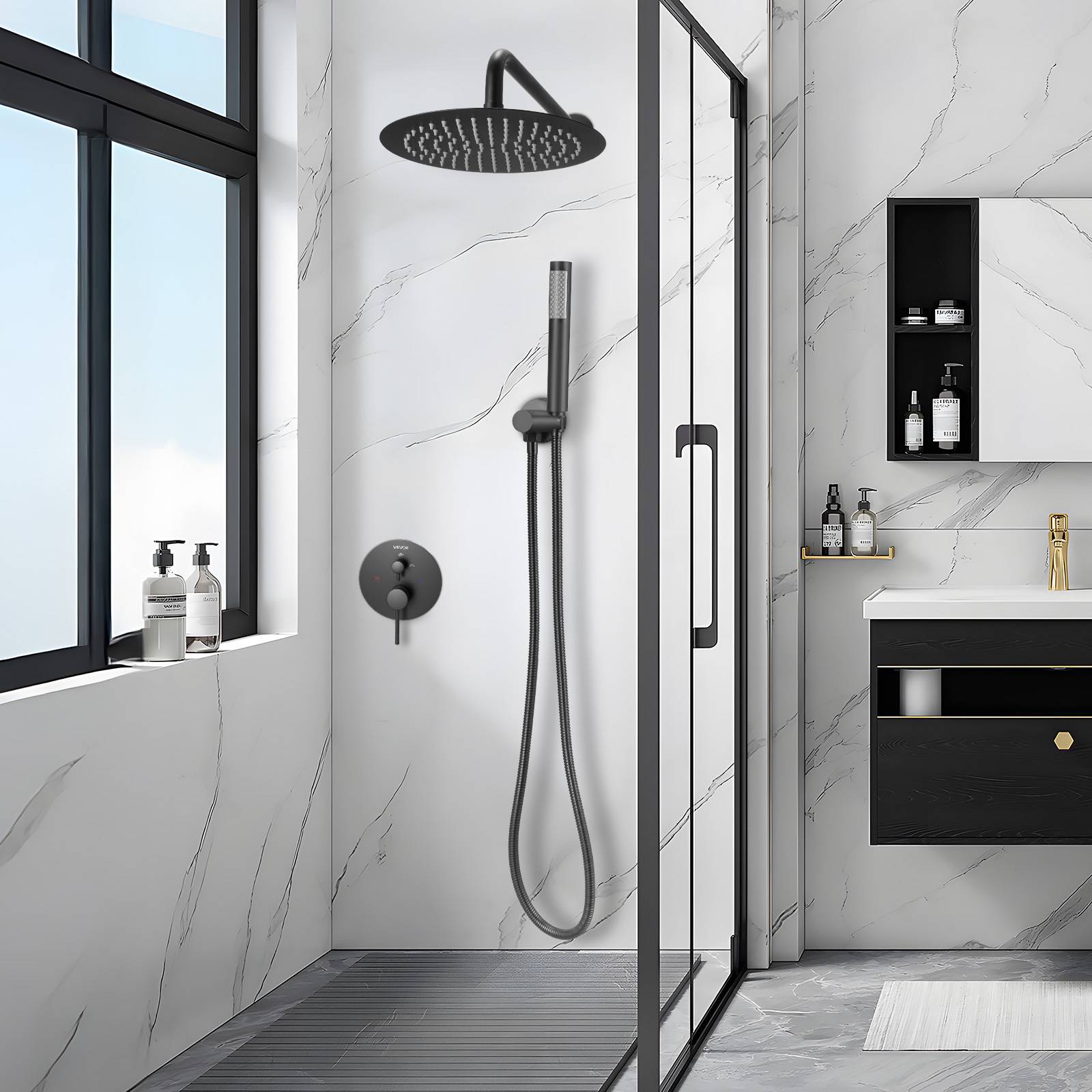 Vevor - VEVOR Kit de Douche avec Douchette de Tête Ronde 25,4 cm et à Main Noir Mat - Image 8