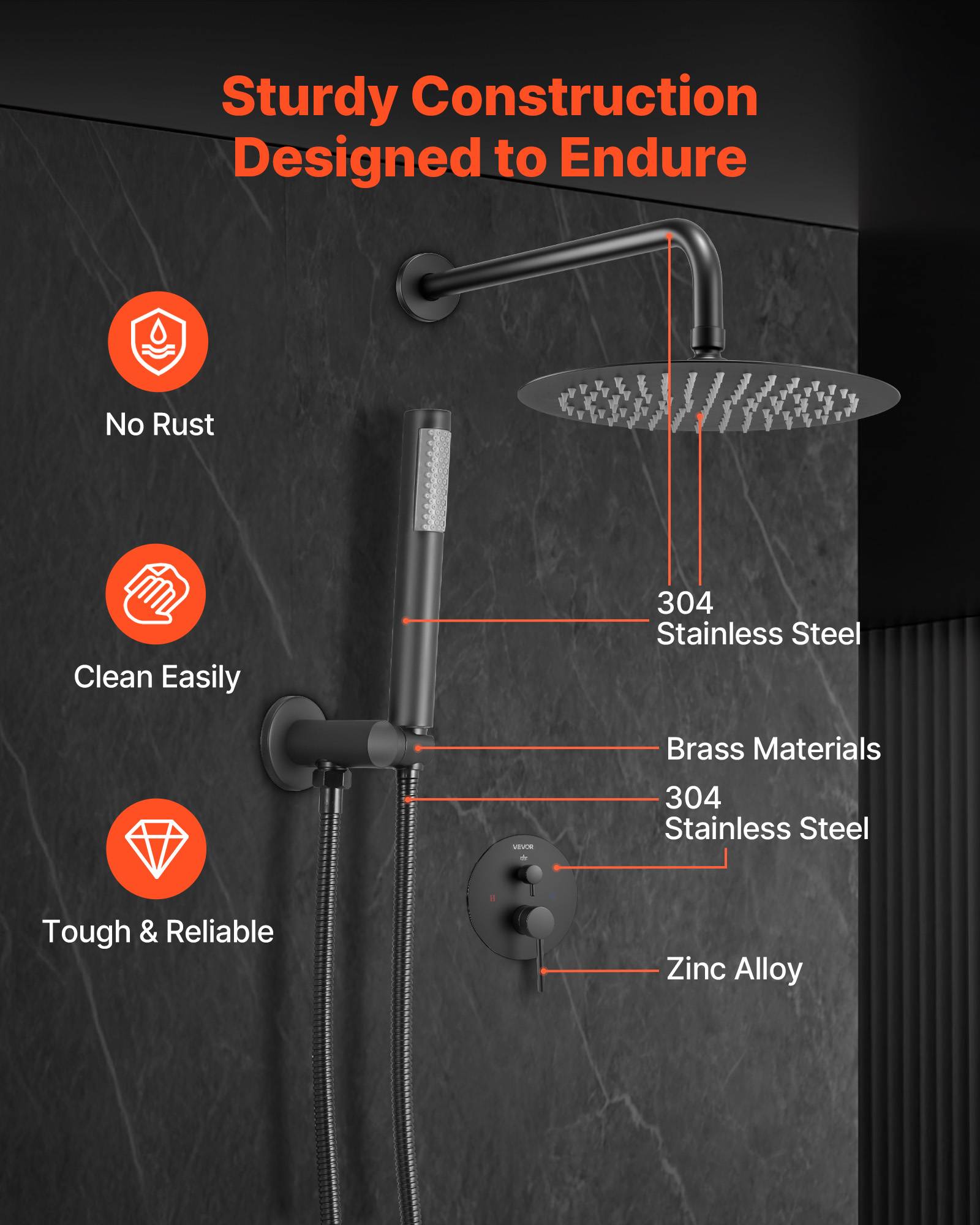 Vevor - VEVOR Kit de Douche avec Douchette de Tête Ronde 25,4 cm et à Main Noir Mat - Image 6