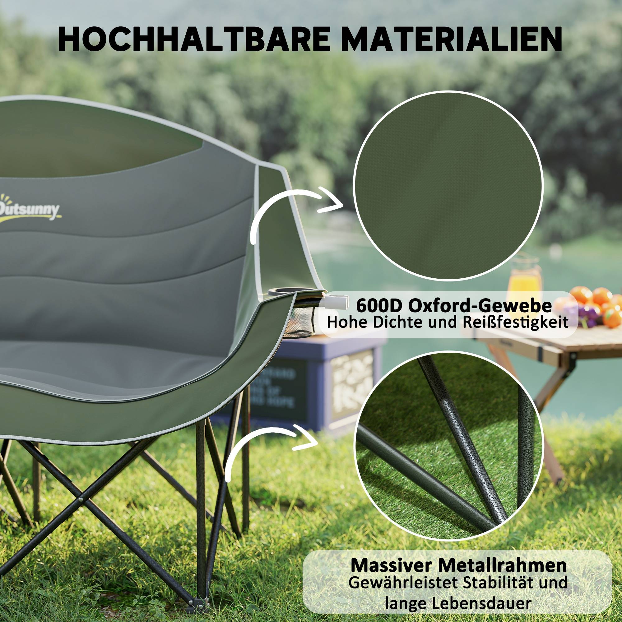 Chaise de camping pliante 2 places métal Oxford porte-gobelets charge 250kg verte - ComfortXL Outdoor Living - Image 7