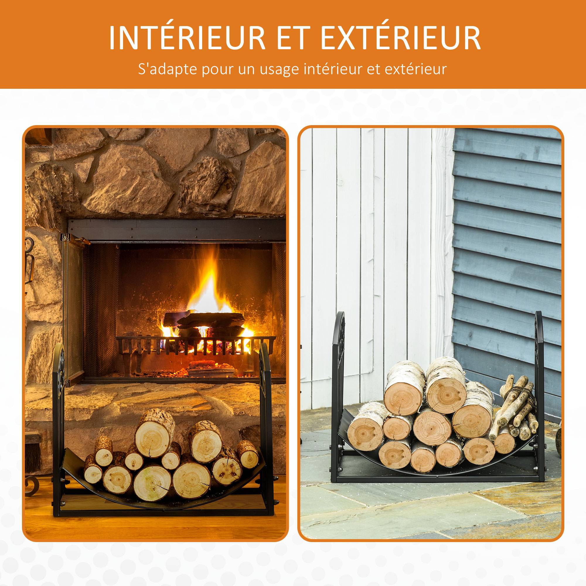 Range bûches Porte-bûches range rack à bûches support étagère à bois de cheminée charge max. 60 kg dim. 60,5L x 36l x 46,5H cm métal époxy noir - Image 8