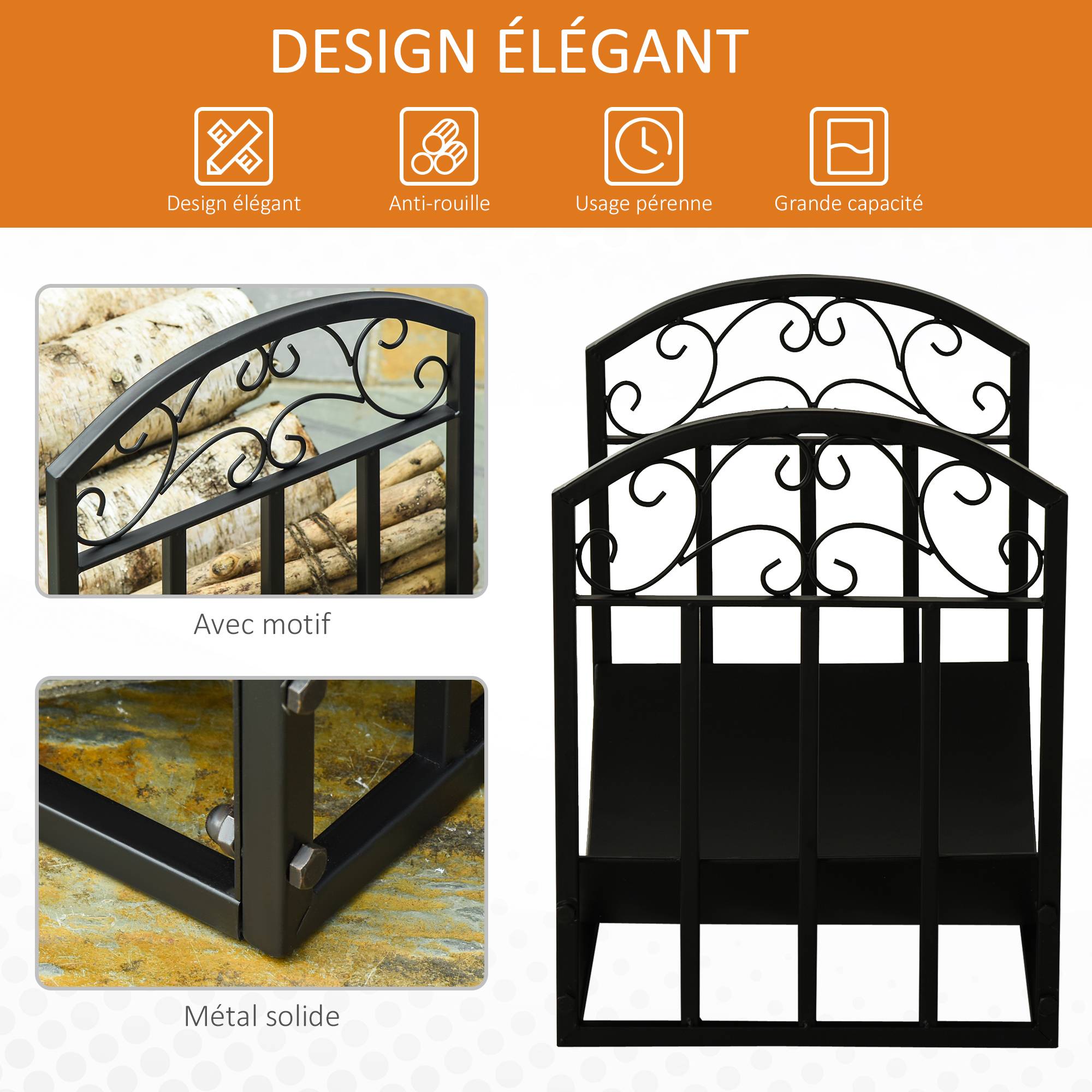 Range bûches Porte-bûches range rack à bûches support étagère à bois de cheminée charge max. 60 kg dim. 60,5L x 36l x 46,5H cm métal époxy noir - Image 6