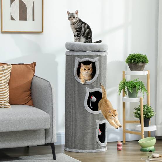 Tonneau à Chat 3 Niveaux Bois Sisal Cachette Repos Jeu Souris 38x38x96cm Gris - ComfortXL Outdoor Living - Image 4