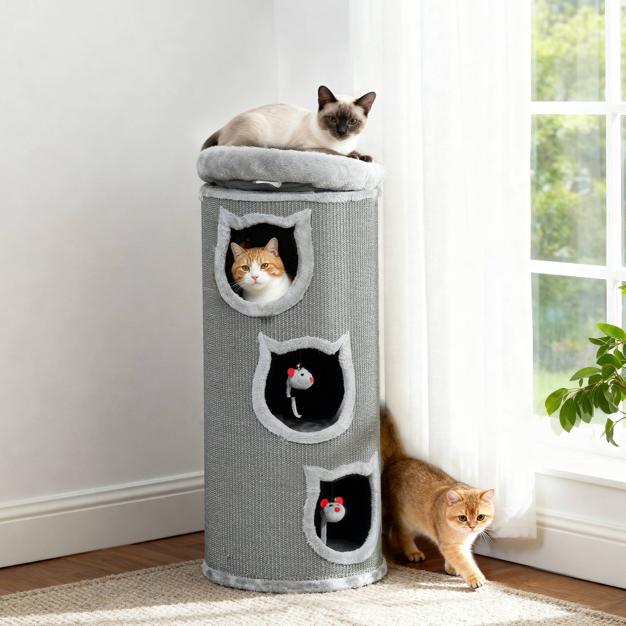 Tonneau à Chat 3 Niveaux Bois Sisal Cachette Repos Jeu Souris 38x38x96cm Gris - ComfortXL Outdoor Living - Image 10
