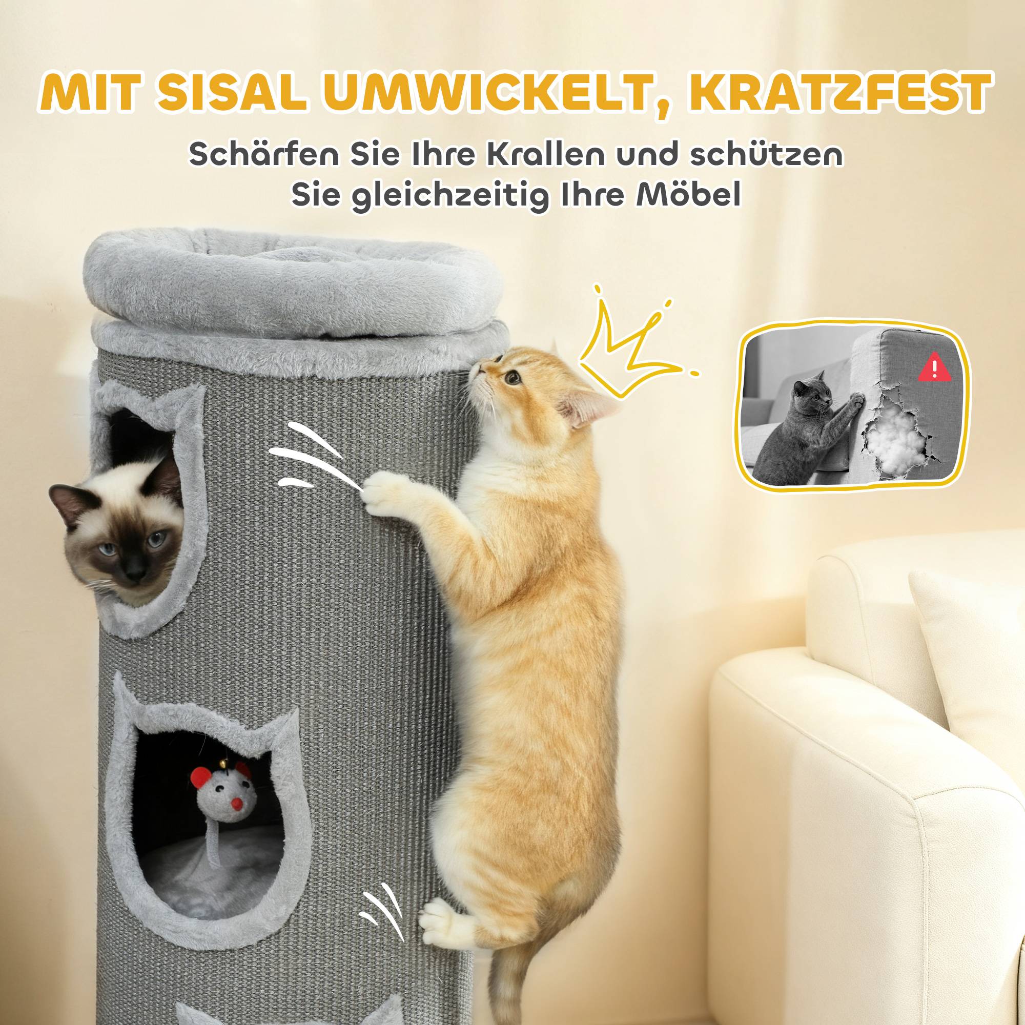 Tonneau à Chat 3 Niveaux Bois Sisal Cachette Repos Jeu Souris 38x38x96cm Gris - ComfortXL Outdoor Living - Image 7
