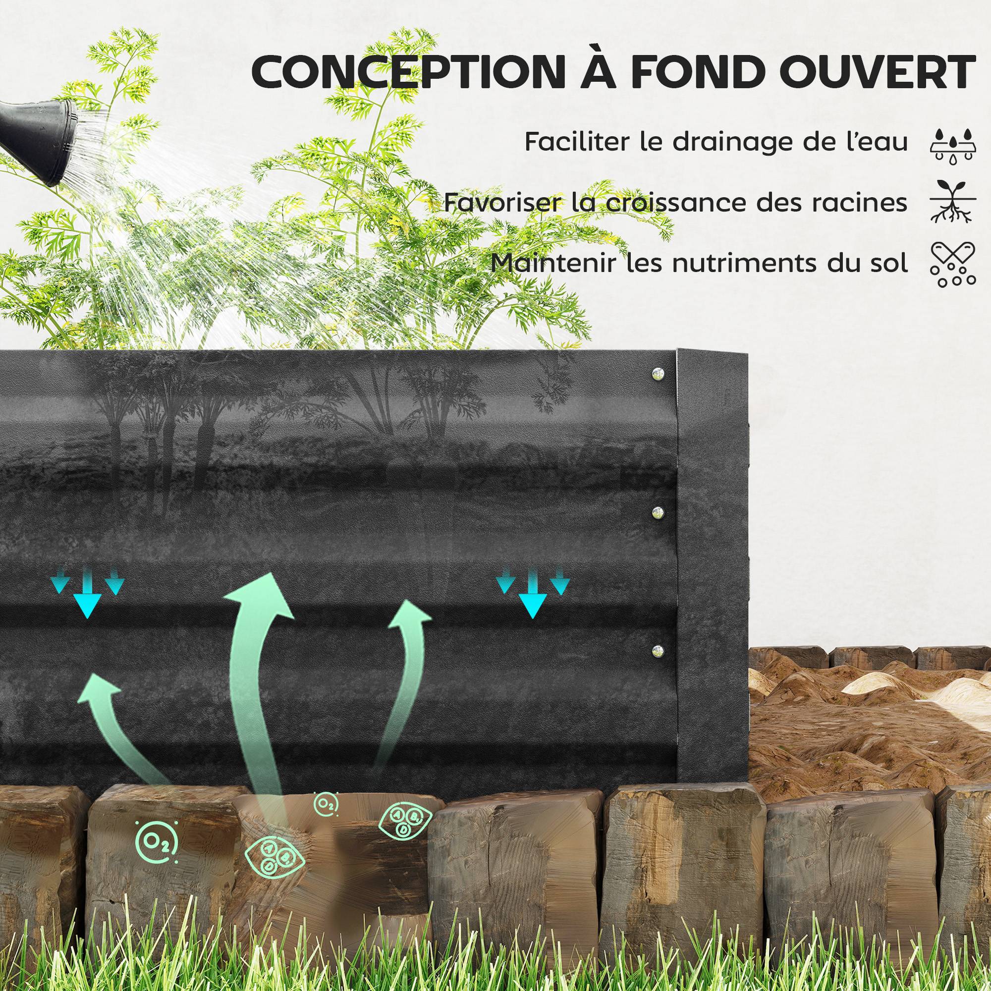 Carré potager de jardin rectangulaire jardinière extérieure 241 x 90,5 x 30 cm tôle d'acier ondulée noir - Image 6