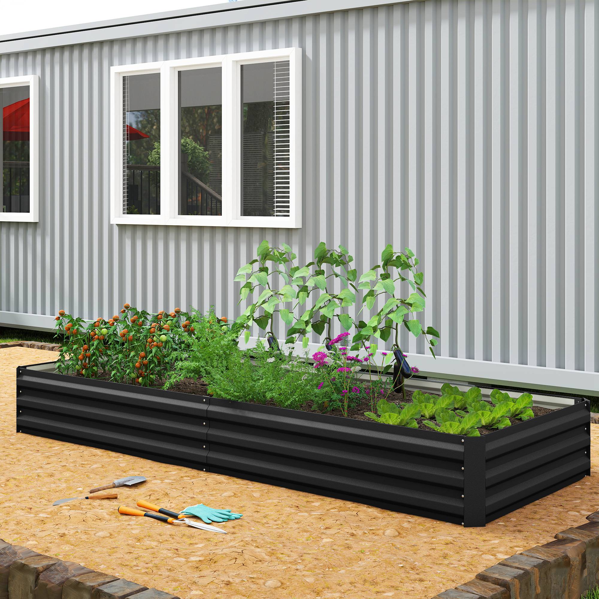 Carré potager de jardin rectangulaire jardinière extérieure 241 x 90,5 x 30 cm tôle d'acier ondulée noir - Image 9