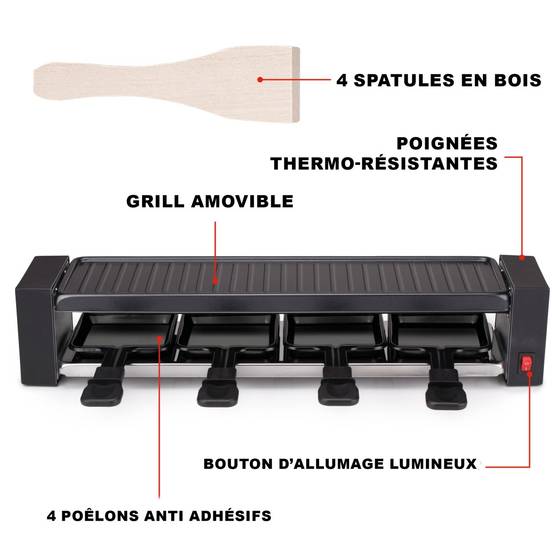 Alpina - Appareil à raclette 4 personnes 800W Revêtement Anti-adhésif Poelons et spatules ALPINA - Image 4