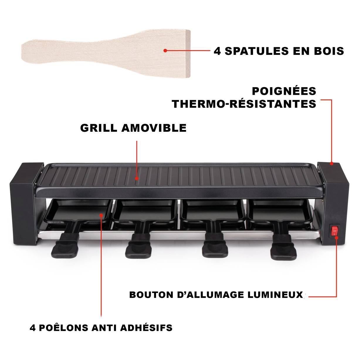 Alpina - Appareil à raclette 4 personnes 800W Revêtement Anti-adhésif Poelons et spatules ALPINA - Image 4
