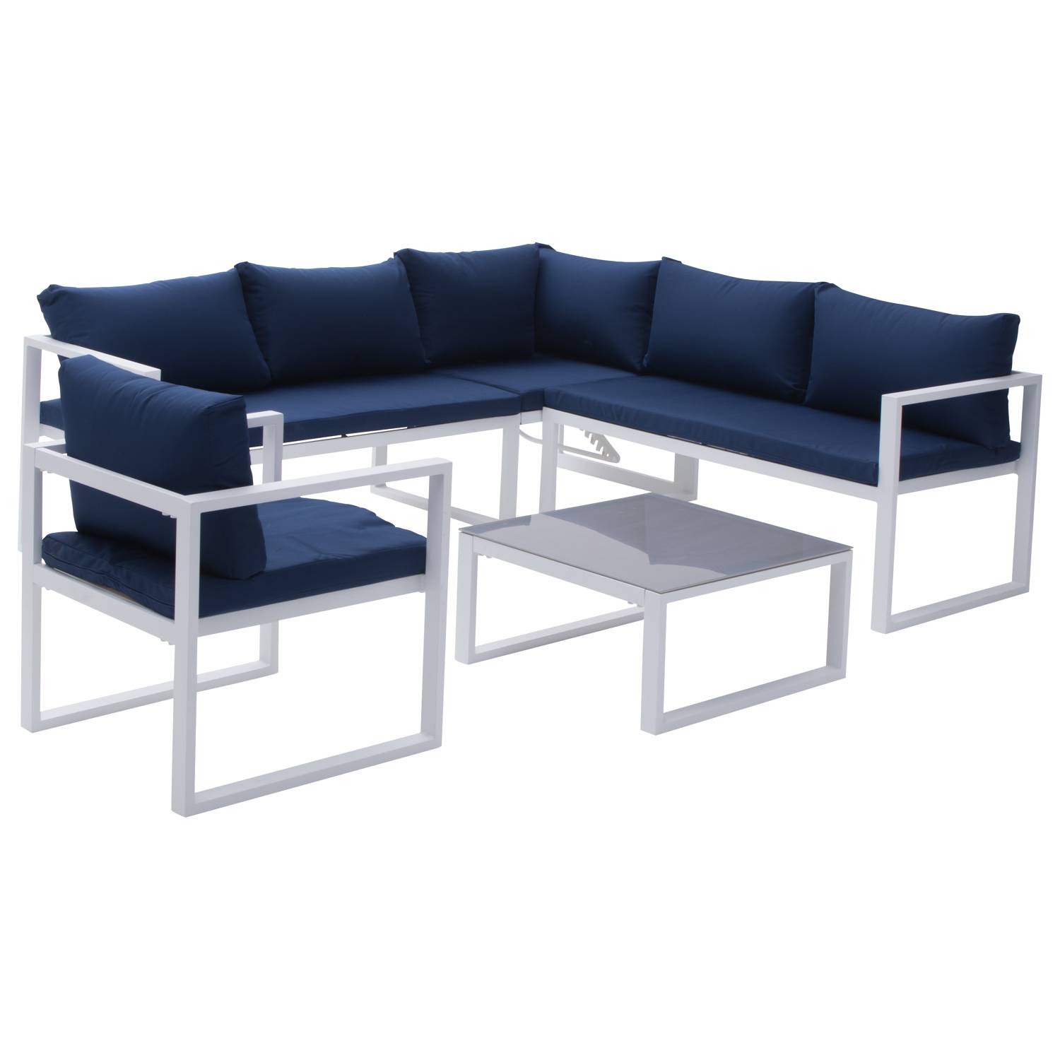 Happy Garden - Salon de jardin modulable IBIZA en tissu bleu 7 places - aluminium blanc - HAPPY GARDEN - Image 2