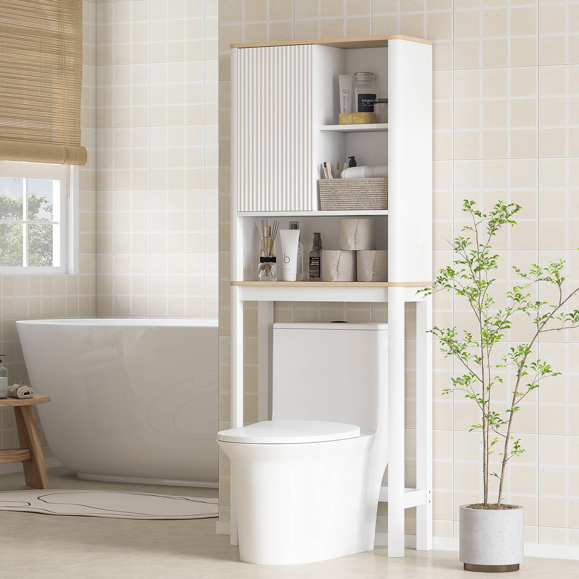 Sans Marque - Meuble rangement dessus toilettes porte cannelée compartiments étagère réglable 65x25x170cm blanc - Image 3