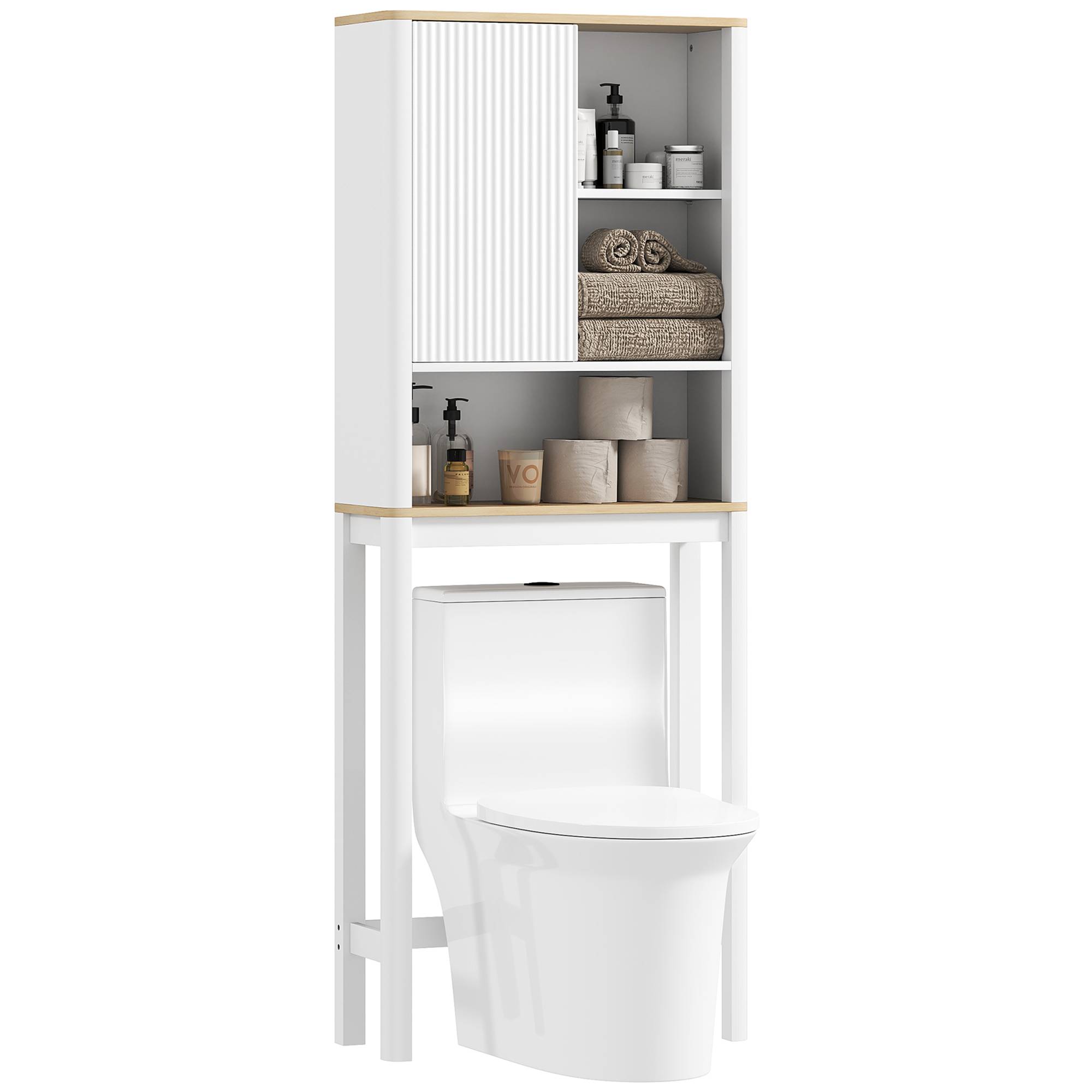 Sans Marque - Meuble rangement dessus toilettes porte cannelée compartiments étagère réglable 65x25x170cm blanc - Image 1
