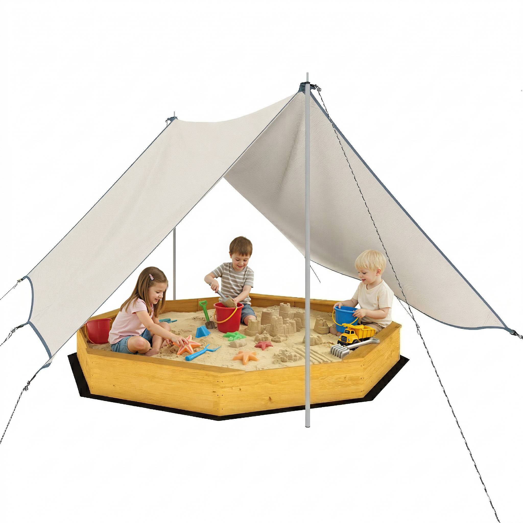 Bac à sable en bois avec auvent, bac à sable enfant extérieur avec 4 bancs, doublure de fond, jaune