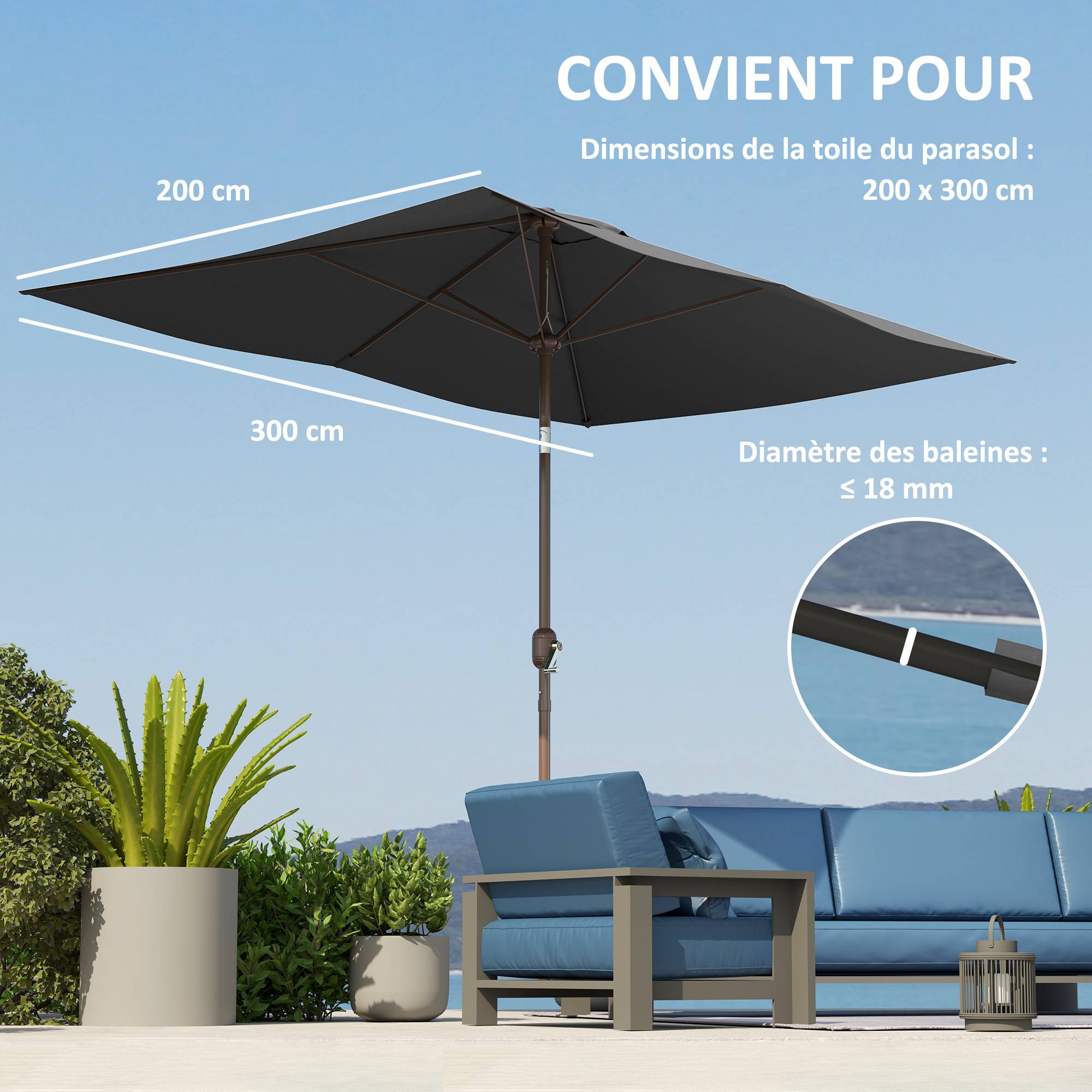 Toile rechange parasol polyester jardin protection anti-UV ventilée 3x2m gris foncé - ComfortXL Outdoor Living - Image 7