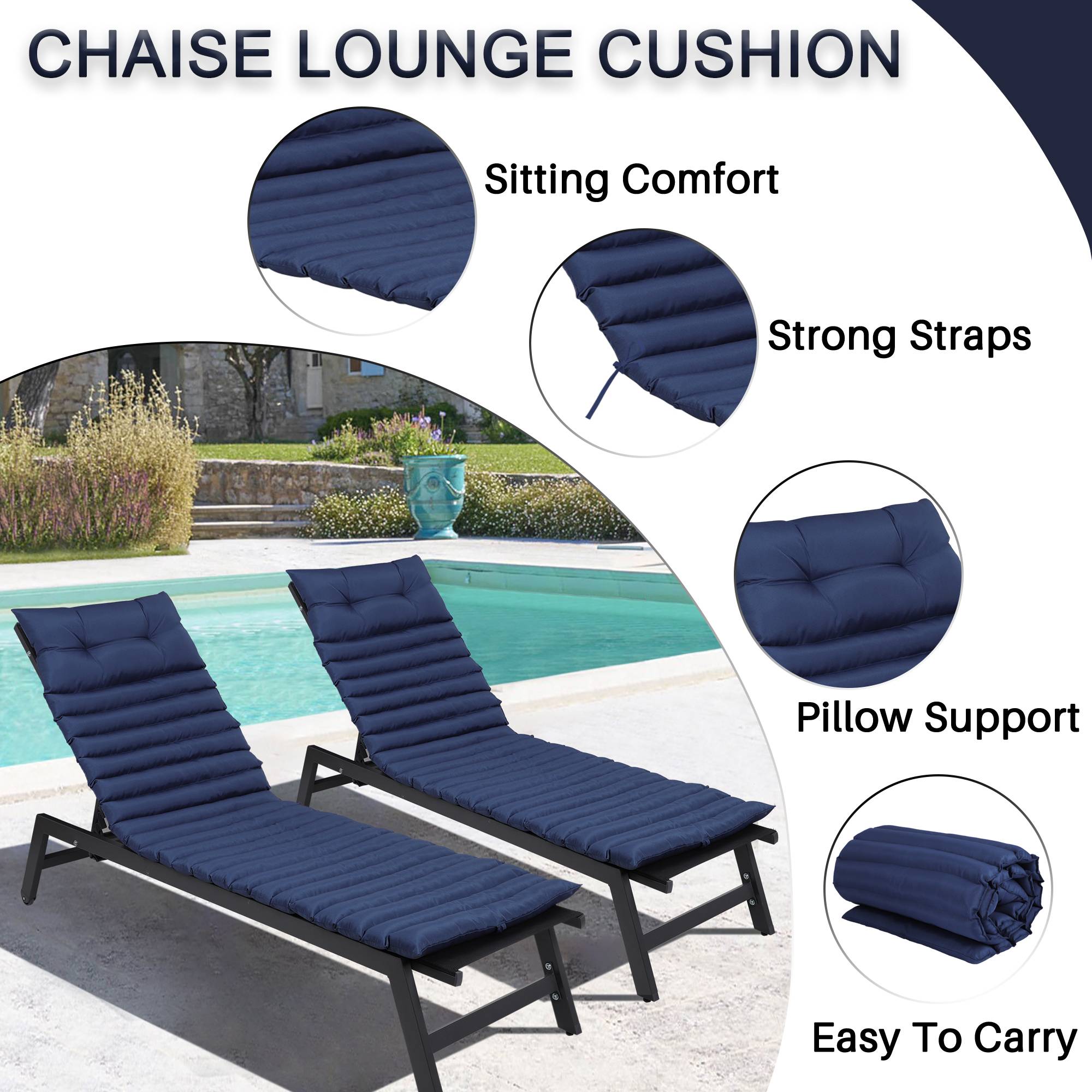 Lot 2 coussins transat polyester jardin extérieur anti-UV 190x64cm bleu marine - ComfortXL Outdoor Living - Image 6