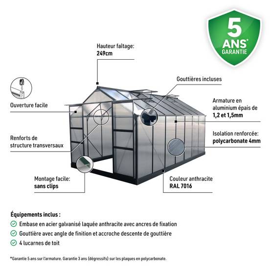 Serre de jardin 13,2m² polycarbonate anthracite avec embase aluminium Green Protect - Image 4
