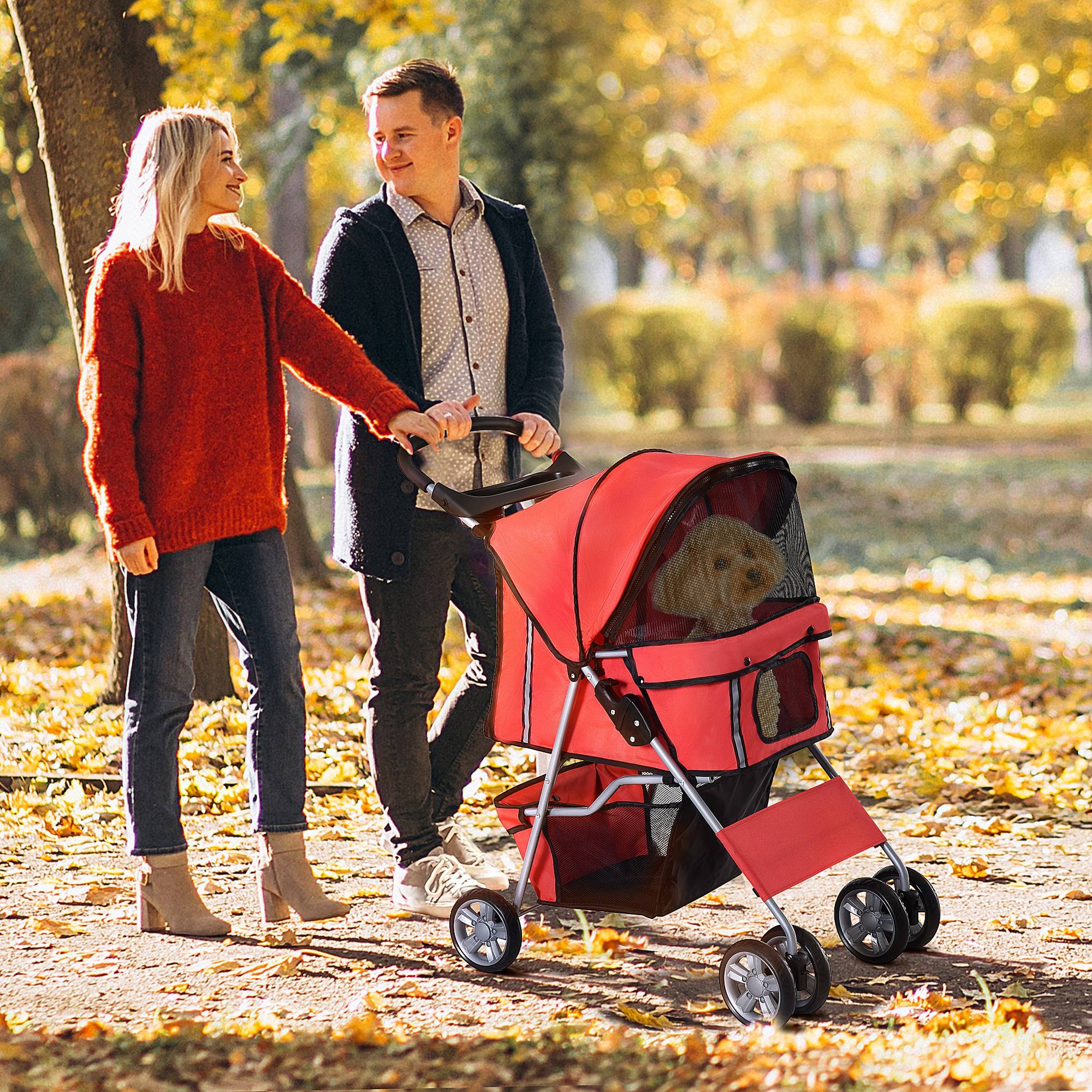 Sans Marque - Poussette pliable chien porte-gobelet pare-soleil rouge - Image 3