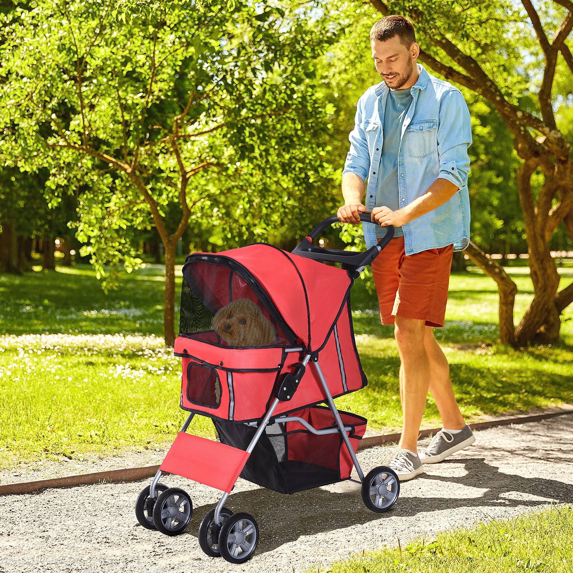 Sans Marque - Poussette pliable chien porte-gobelet pare-soleil rouge - Image 4
