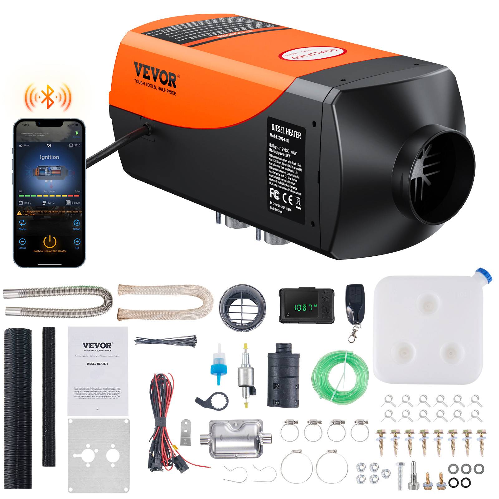 VEVOR Chauffage diesel 2kW 12V, 0.12-0.26 L/h, réglable 8-36°C, contrôle intelligent LCD Bluetooth, télécommande. - Image 1