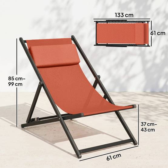 Lot de 2 bains de soleil pliants aluminium et textilène rouge brique 100 x 60 x 85 cm - PANGIVO - Image 5