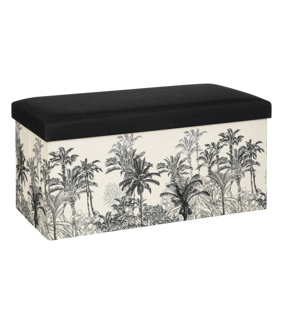 Pouf et Coffre de rangement en bois et tissu imprimé Noir & Blanc 76 x 38 cm - Image 1