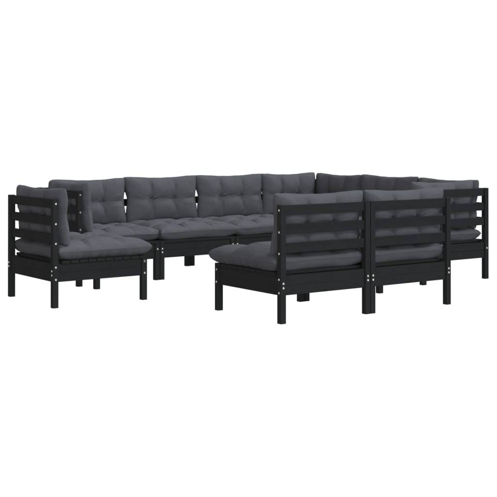Helloshop26 - Salon de jardin meuble d'extérieur ensemble de mobilier 9 pièces avec coussins noir bois de pin solide - Image 2