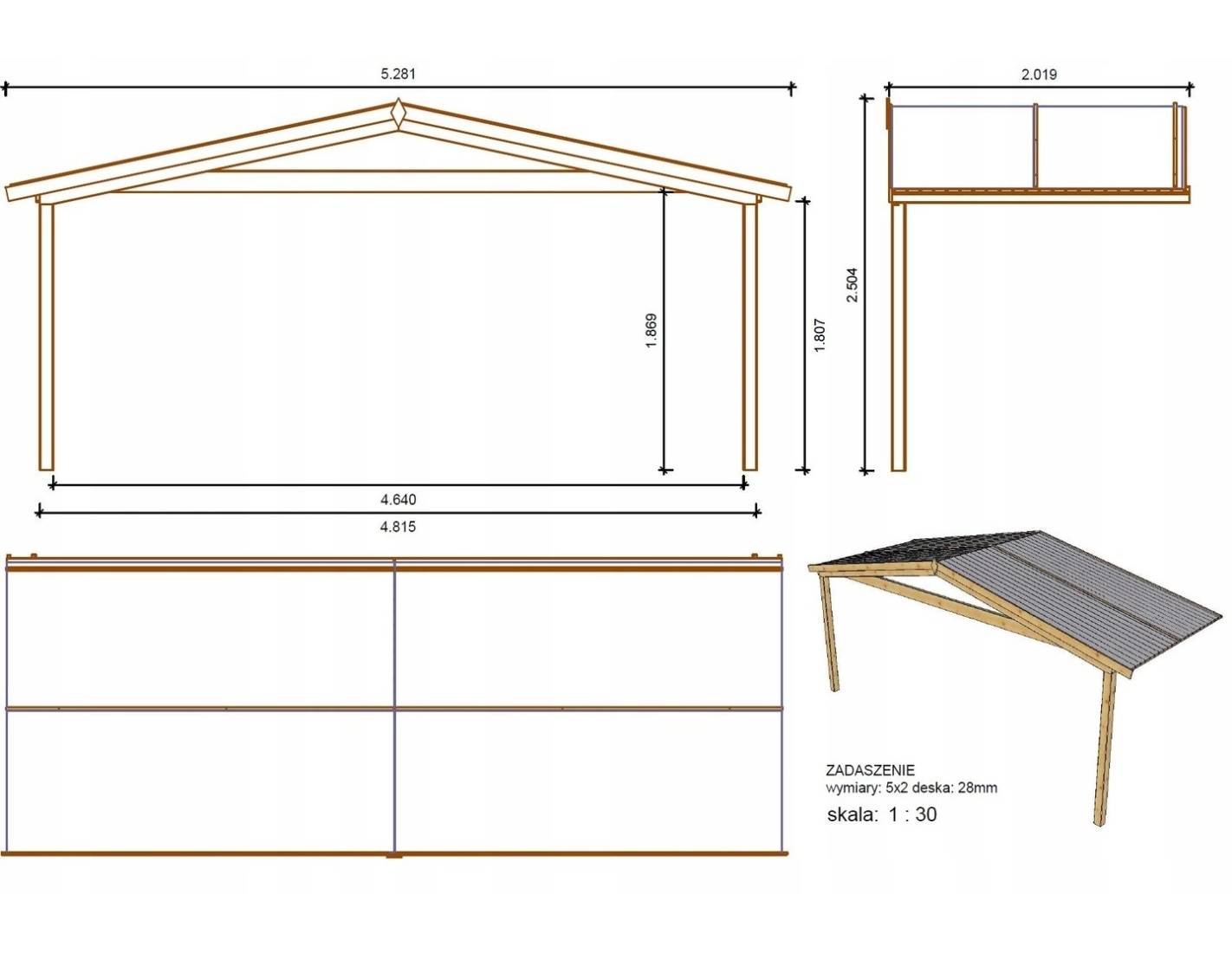 Altanka - Avant-toit en bois 5x2m pour le chalet de jardin 5m, couleur naturel - DOM600 - ALTANKA - Image 3