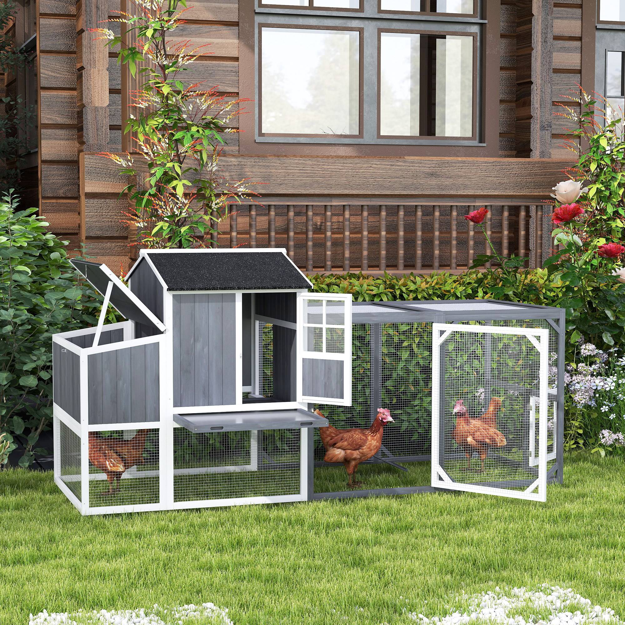 Sans Marque - Poulailler avec parcours 3-4 poules, 3 nichoirs, 1,9 m², bois de sapin, Gris - Image 4