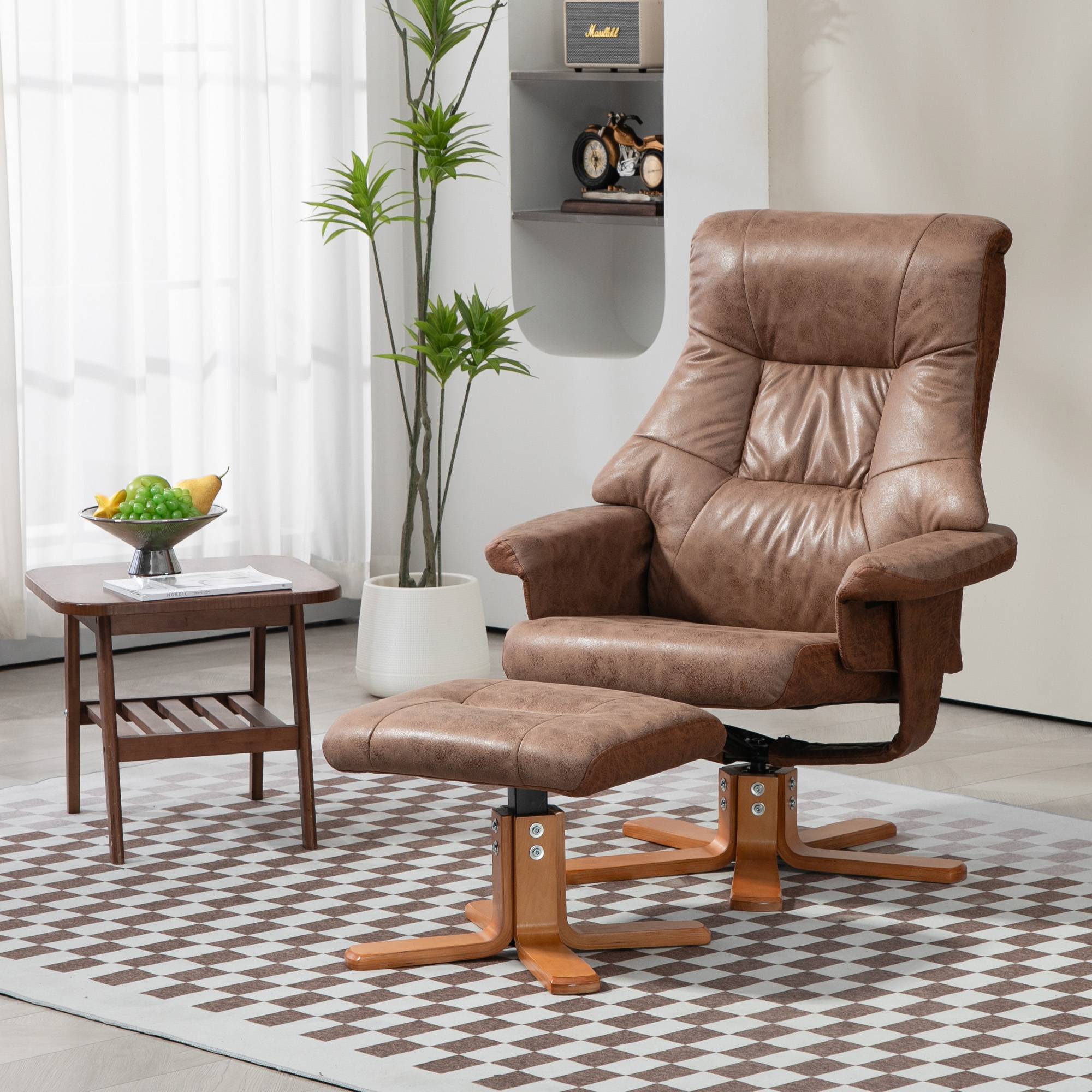 Sans Marque - Fauteuil relax inclinable 135° pivotant 360° avec repose-pieds revêtement microfibre marron - Image 3