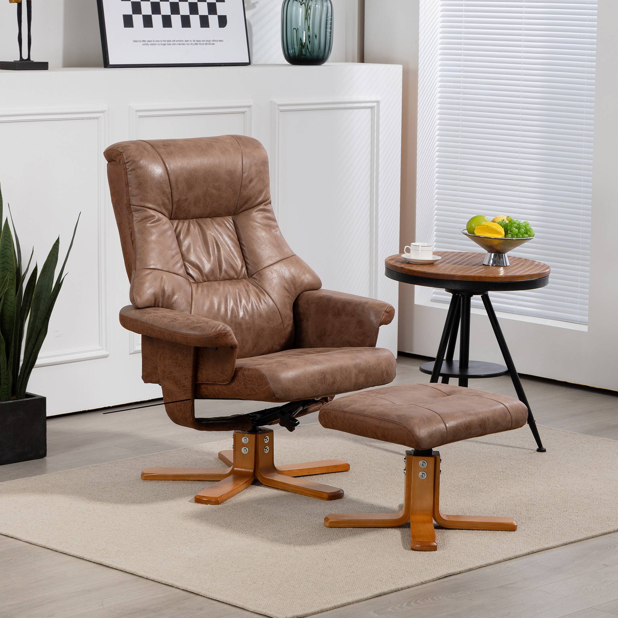 Sans Marque - Fauteuil relax inclinable 135° pivotant 360° avec repose-pieds revêtement microfibre marron - Image 4