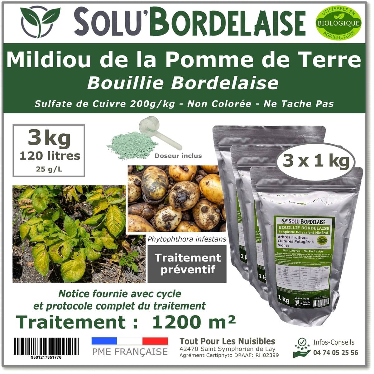 Solu'Bordelaise - 3 kg de Bouillie Bordelaise - Mildiou de la pomme de terre - Utilisable Agriculture Biologique - 3 Sachets Refermable de 1 kg - Image 1