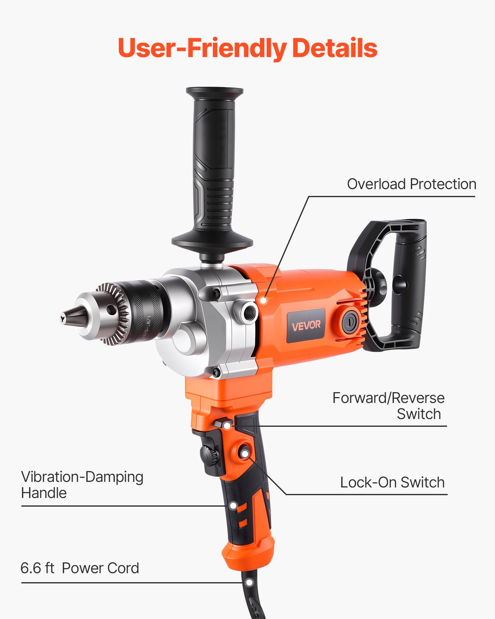 Vevor - VEVOR Malaxeur de Mortier Perceuse Visseuse Filaire 0-750 tr/min 16 mm Peinture - Image 6