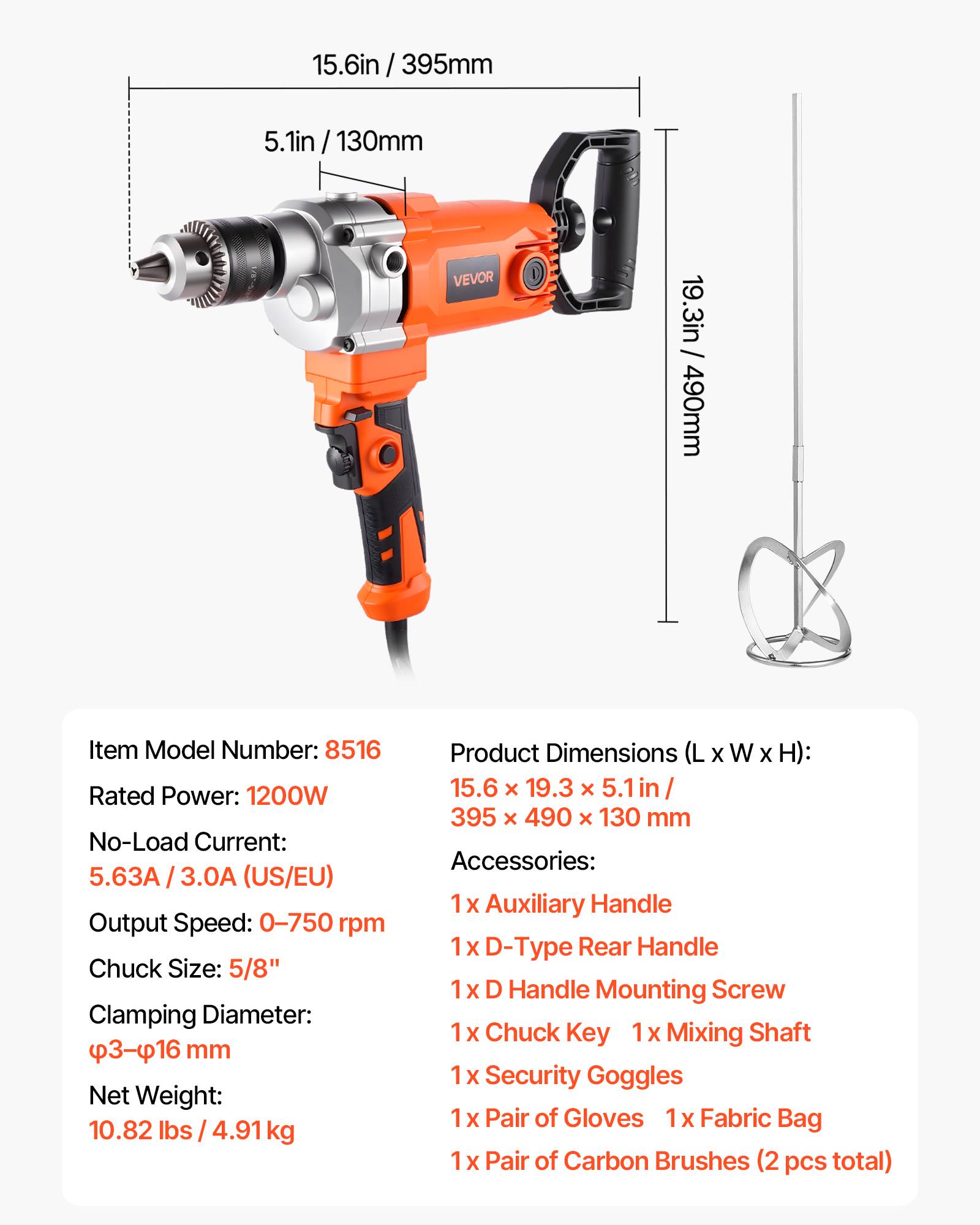 Vevor - VEVOR Malaxeur de Mortier Perceuse Visseuse Filaire 0-750 tr/min 16 mm Peinture - Image 7