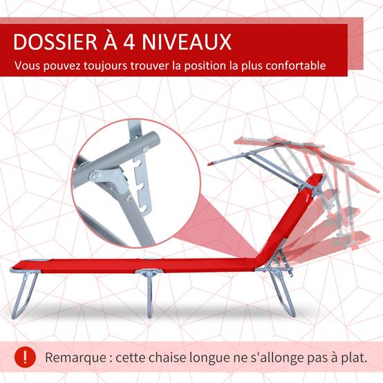 Transat pliable métal pour plage avec pare-soleil réglable 187x58x36cm rouge - ComfortXL Outdoor Living - Image 6