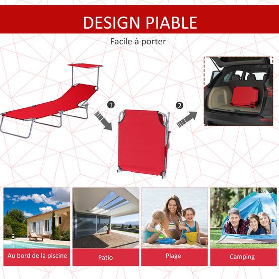 Transat pliable métal pour plage avec pare-soleil réglable 187x58x36cm rouge - ComfortXL Outdoor Living - Image 7