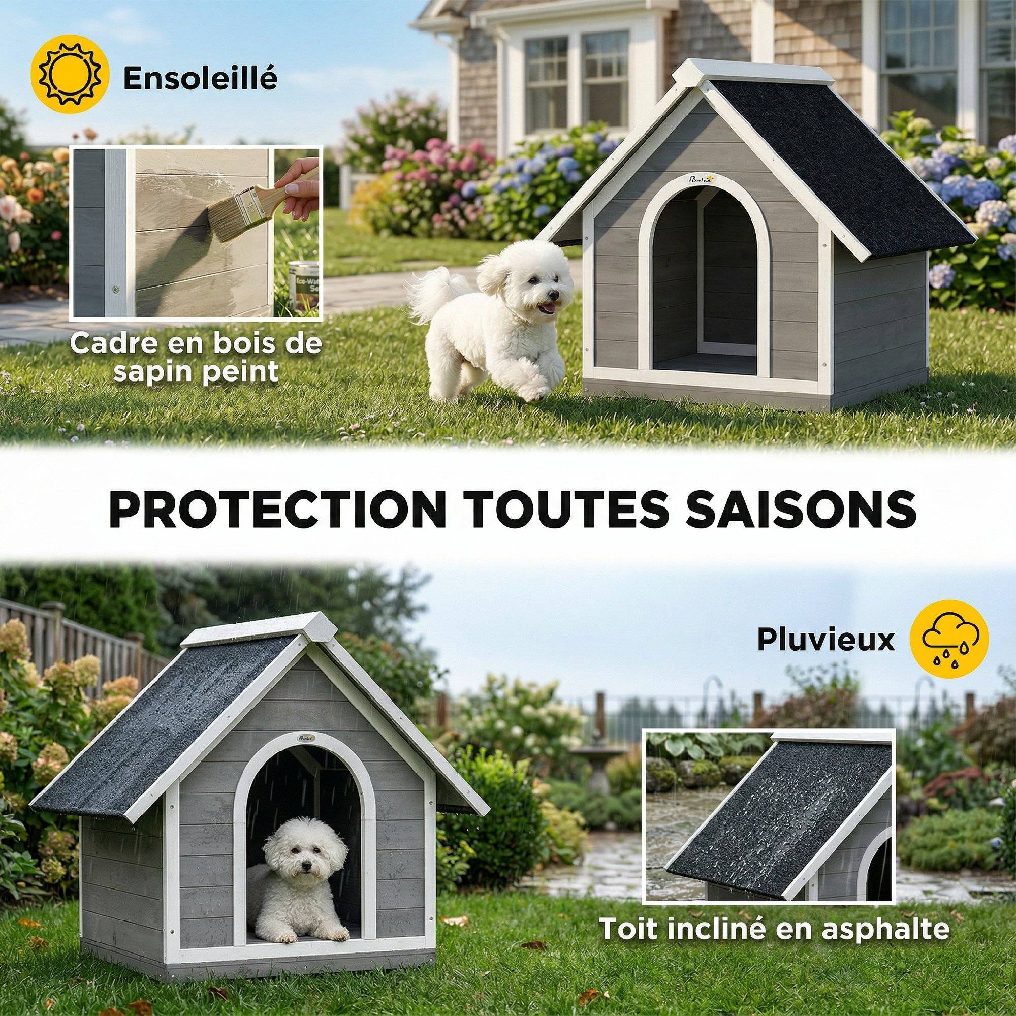 Niche pour Chien Extérieur Maison pour Chien Corps Entièrement Ouvrant pour Nettoyage Facile 84x101x86 cm Gris et Blanc - Image 7