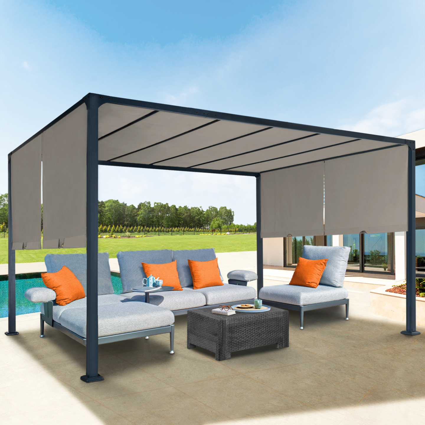 Pergola coulissante 2 pans 3x4 M belvédère de jardin toile taupe - Image 1