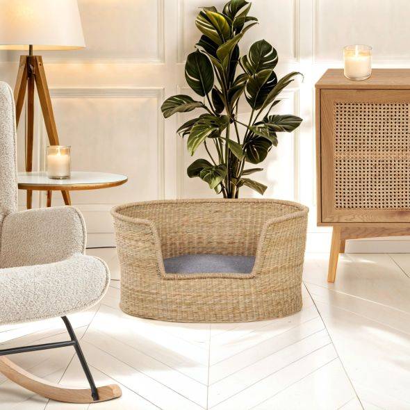 Panier ovale ATLAS pour chien et chat en jonc de mer coussin gris Beau Rivage - Image 2