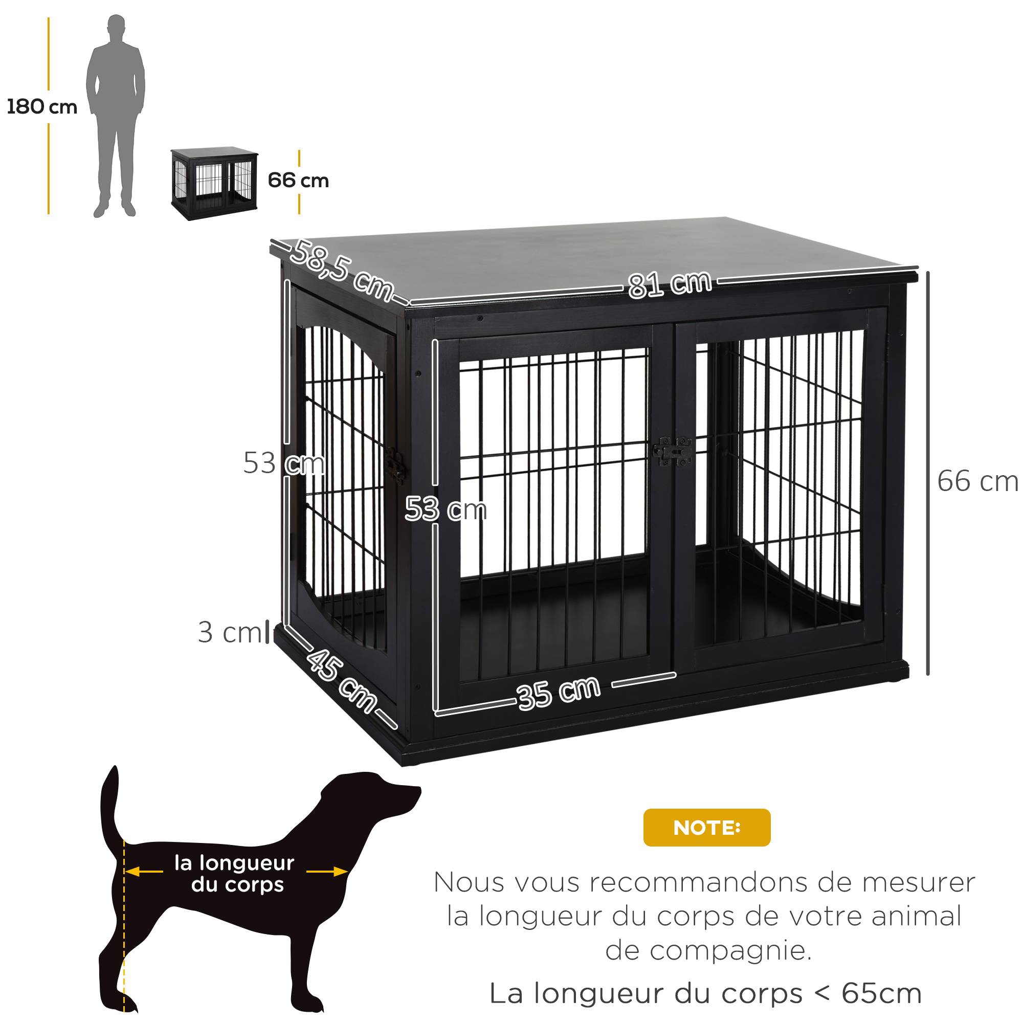 Cage chien intérieur Bois MDF Meuble décoratif 3 portes 81x58x66cm Noir - ComfortXL Outdoor Living - Image 5