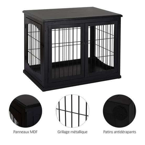 Cage chien intérieur Bois MDF Meuble décoratif 3 portes 81x58x66cm Noir - ComfortXL Outdoor Living - Image 9