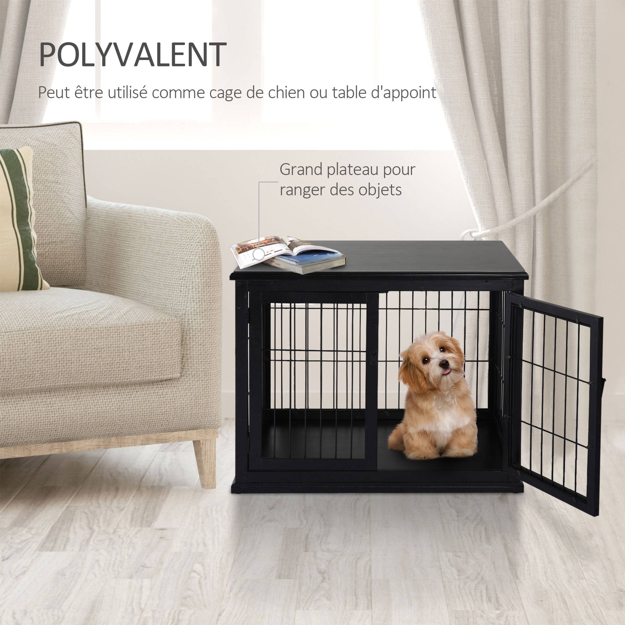 Cage chien intérieur Bois MDF Meuble décoratif 3 portes 81x58x66cm Noir - ComfortXL Outdoor Living - Image 7