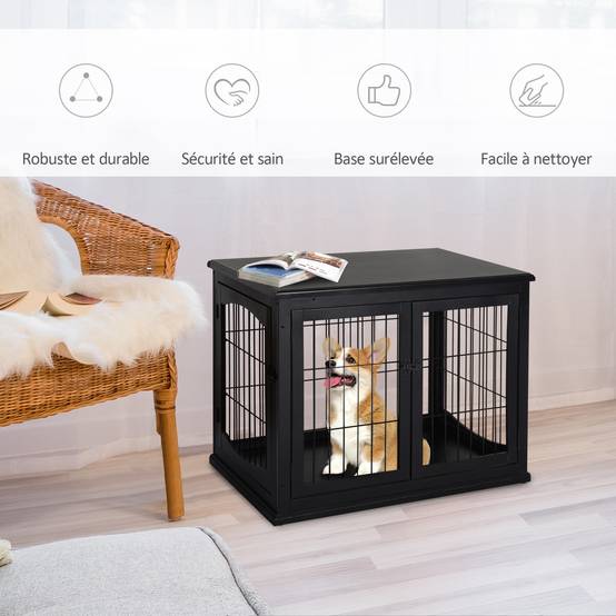 Cage chien intérieur Bois MDF Meuble décoratif 3 portes 81x58x66cm Noir - ComfortXL Outdoor Living - Image 6