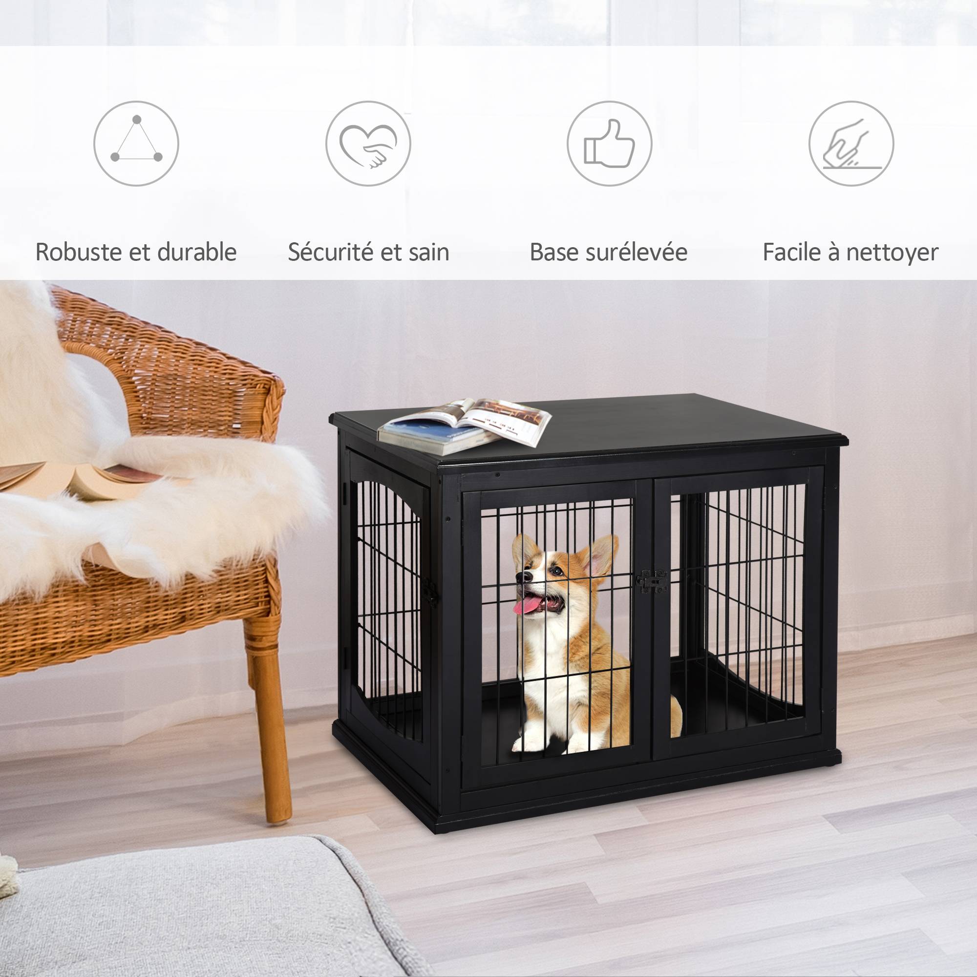 Cage chien intérieur Bois MDF Meuble décoratif 3 portes 81x58x66cm Noir - ComfortXL Outdoor Living - Image 6