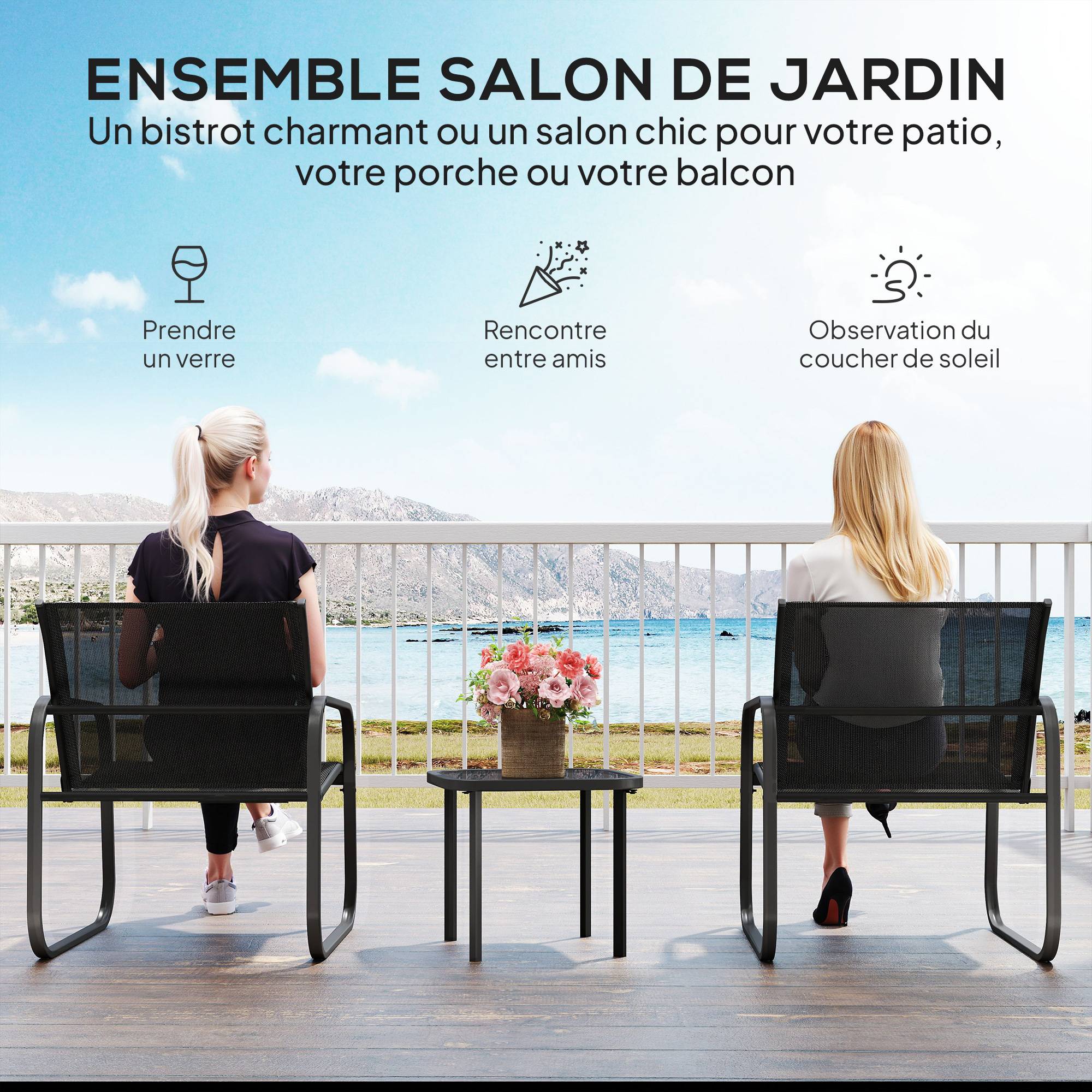 ComfortXL - Salon de jardin 2 places acier textilène pour cour ou balcon assises confort noir - ComfortXL Outdoor Living - Image 6