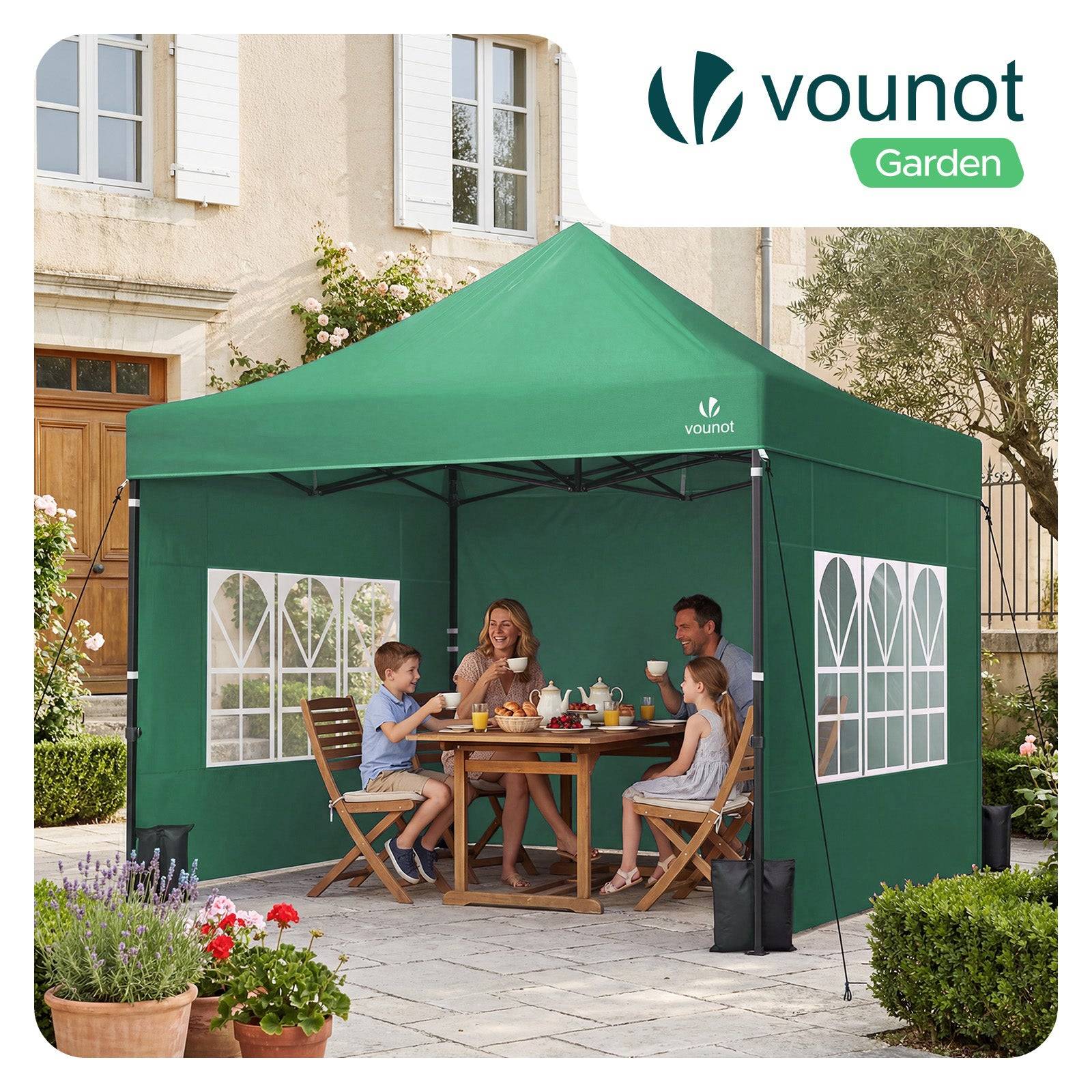 Tonnelle de jardin renforcée 3x3m pliable Barnum avec 4 parois - sac de transport à roulettes et sacs de sable - Vert - VOUNOT® - Image 2