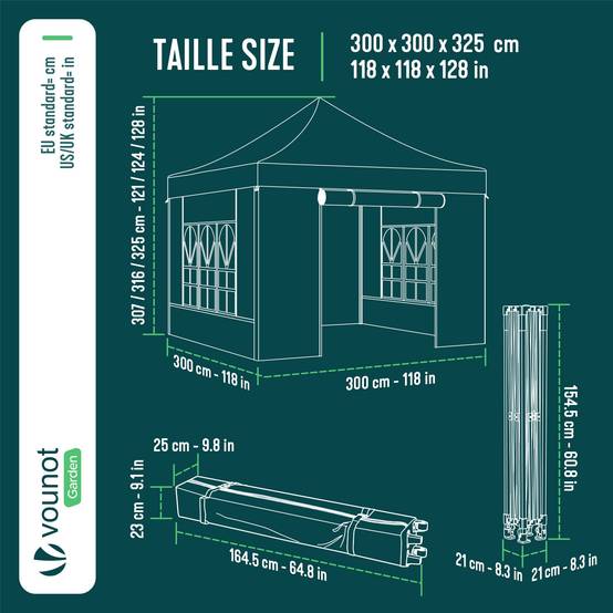 Tonnelle de jardin renforcée 3x3m pliable Barnum avec 4 parois - sac de transport à roulettes et sacs de sable - Vert - VOUNOT® - Image 3