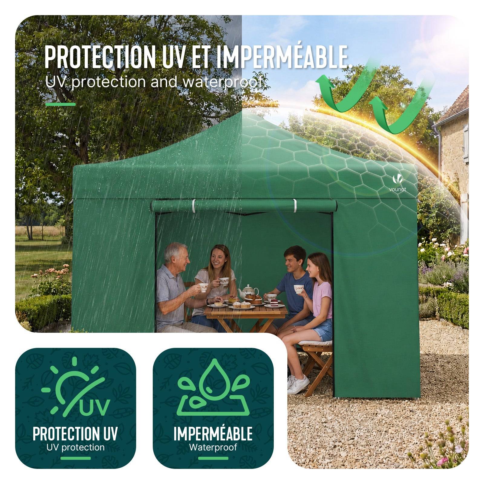 Tonnelle de jardin renforcée 3x3m pliable Barnum avec 4 parois - sac de transport à roulettes et sacs de sable - Vert - VOUNOT® - Image 5