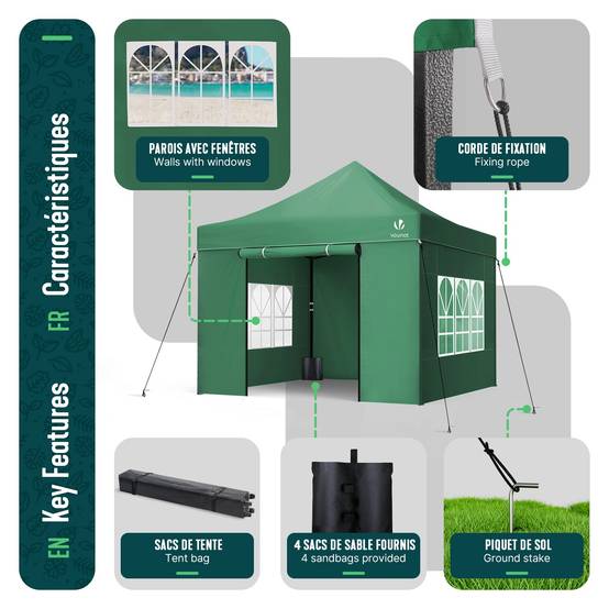 Tonnelle de jardin renforcée 3x3m pliable Barnum avec 4 parois - sac de transport à roulettes et sacs de sable - Vert - VOUNOT® - Image 4
